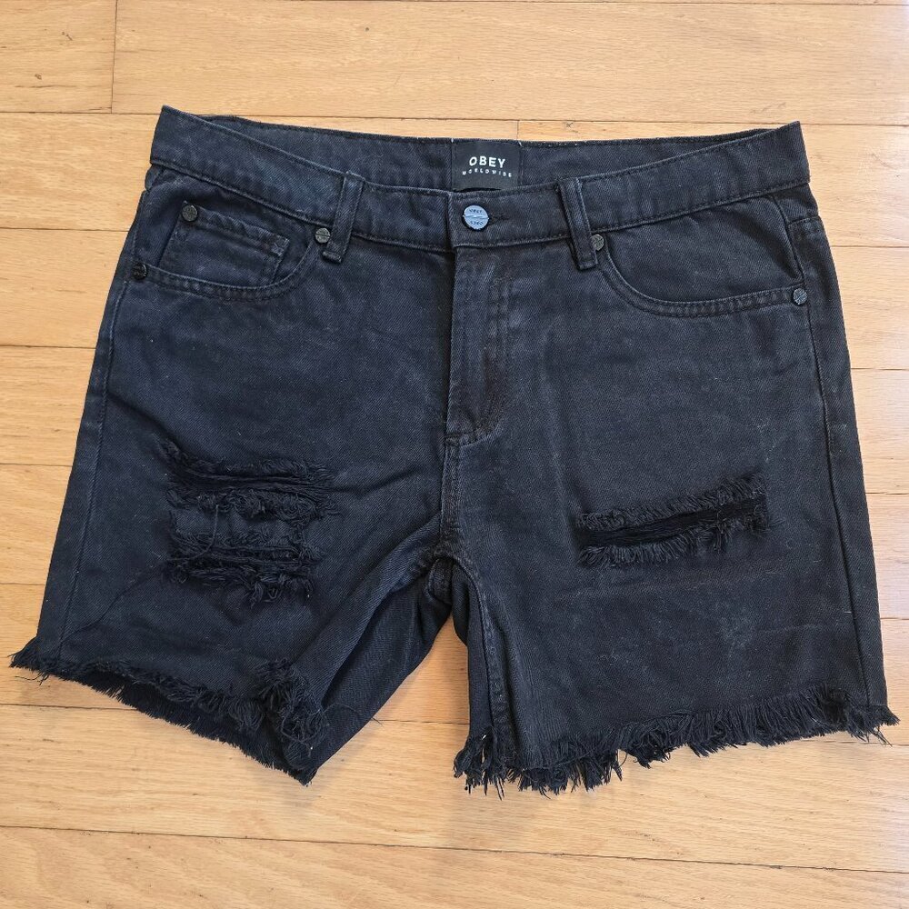 Obey black monochrome distressed denim shorts